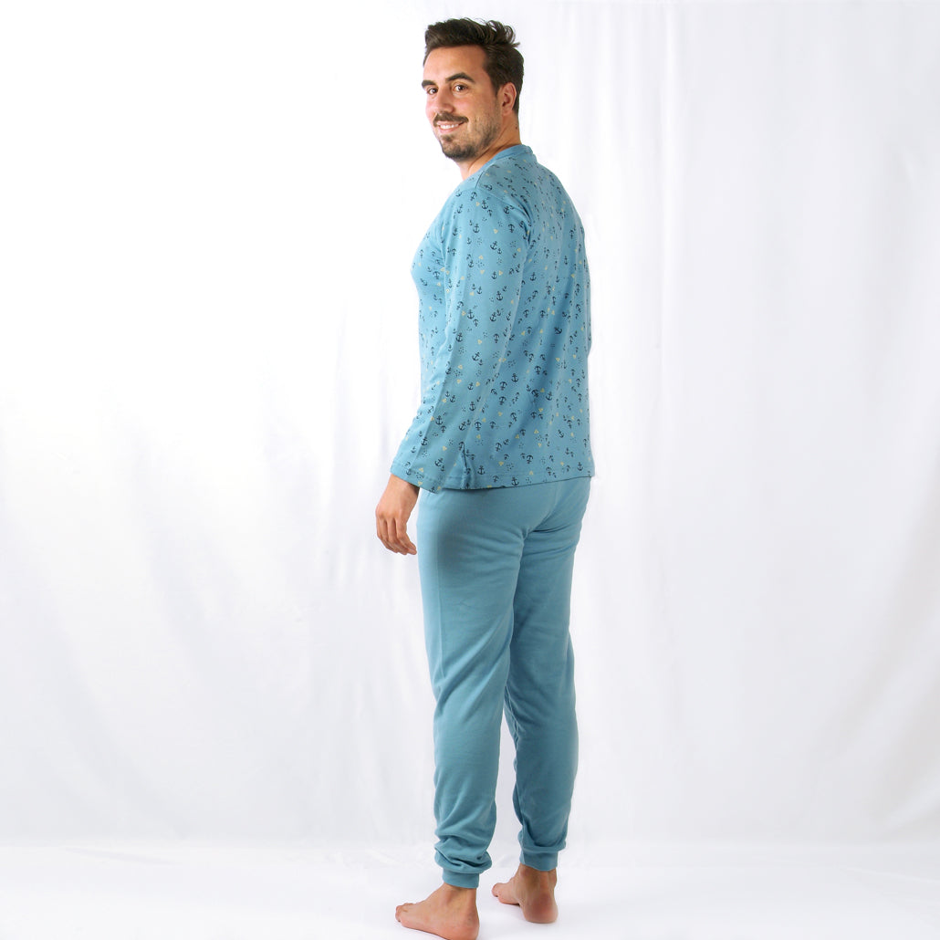 Loja do Pijama | Pijama Cardado de Manga Comprida Âncora  – Homem – Azul Claro