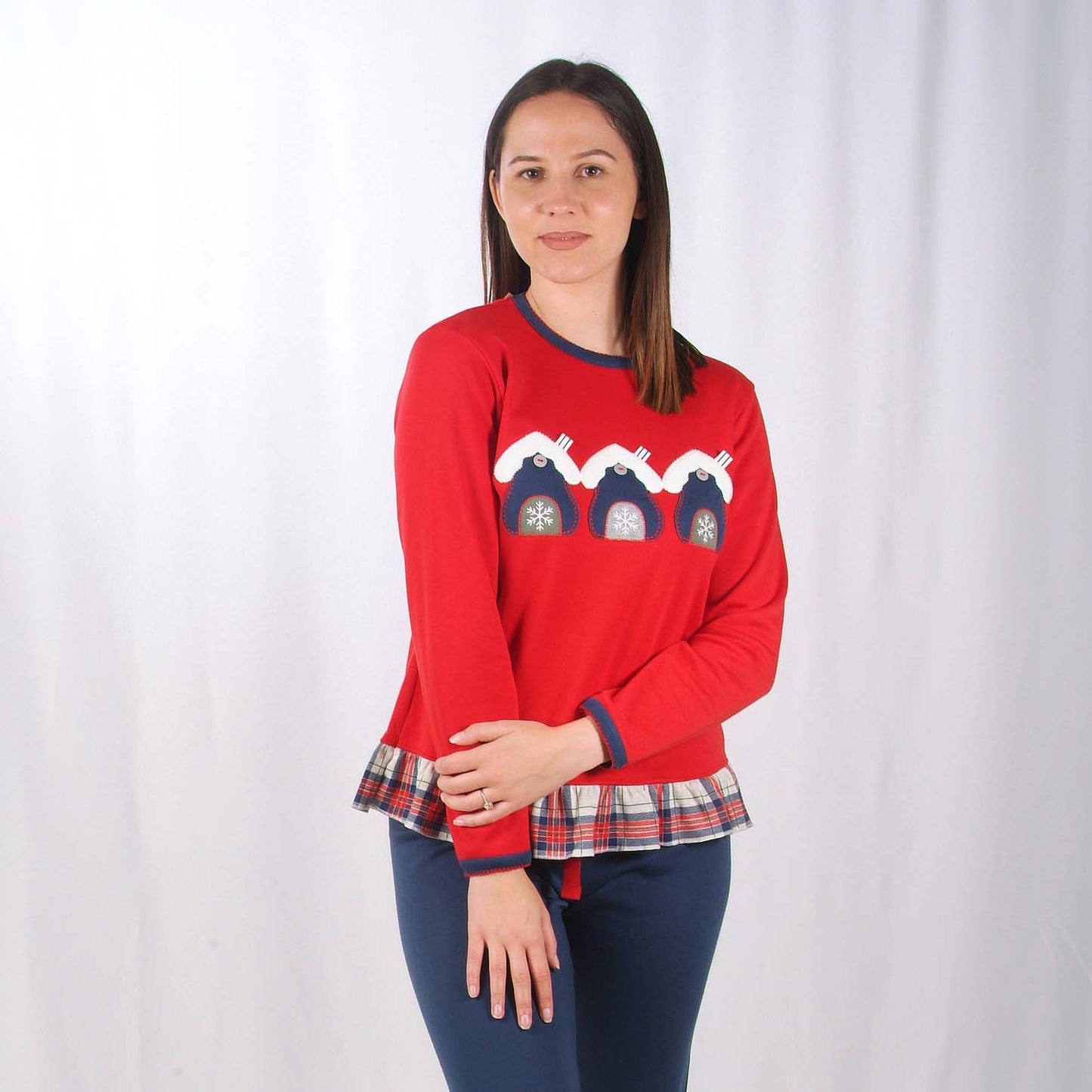 Sónia Pijama Mulher Cardado de Manga Comprida Três Casinhas Vermelho