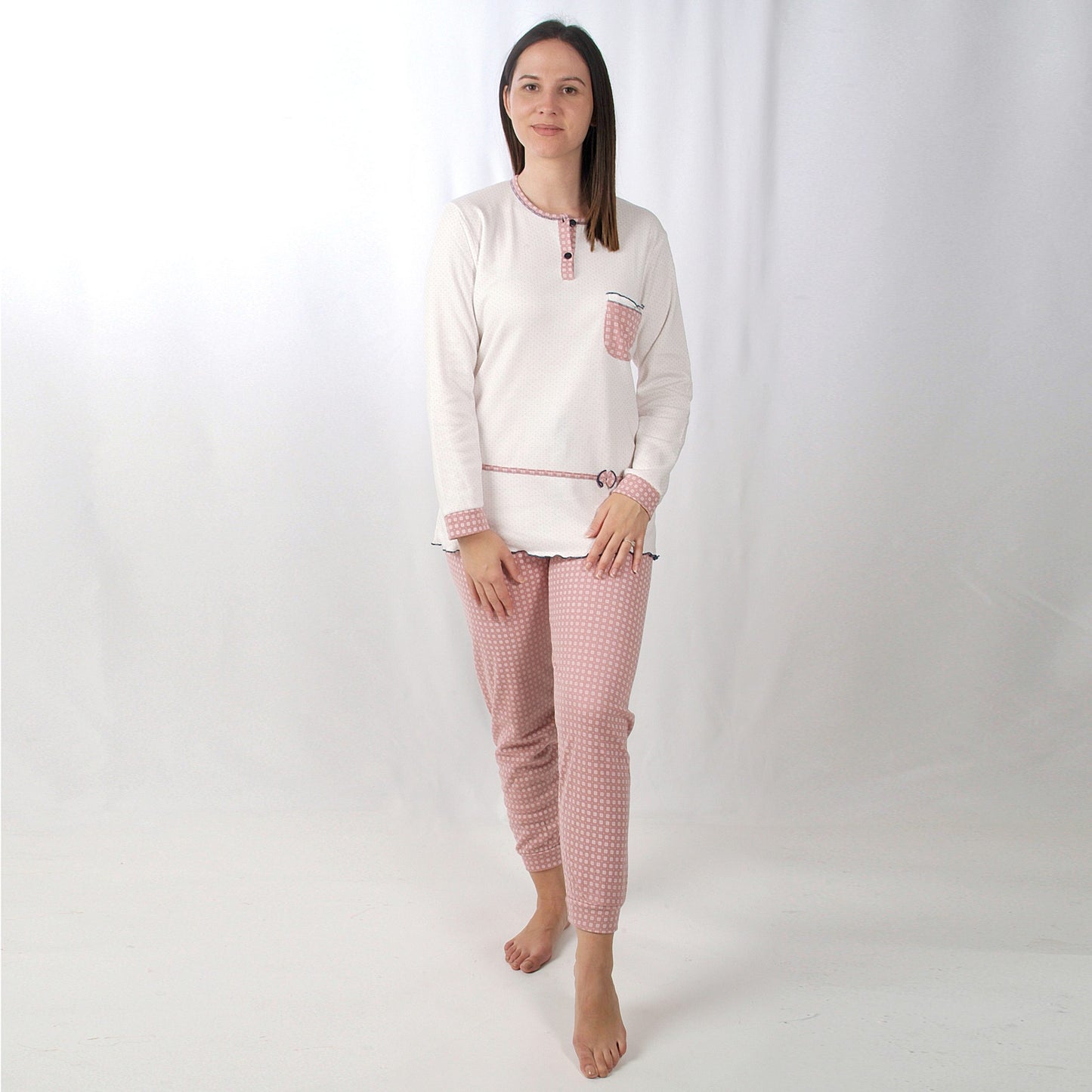Desana Pijama Mulher Cardado de Manga Comprida Bolso Rosa
