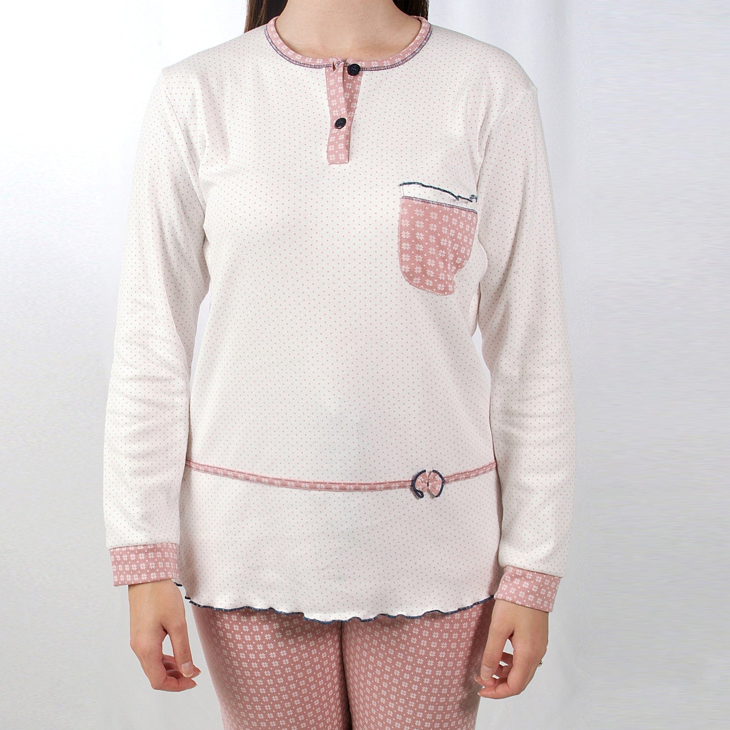 Desana Pijama Mulher Cardado de Manga Comprida Bolso Rosa