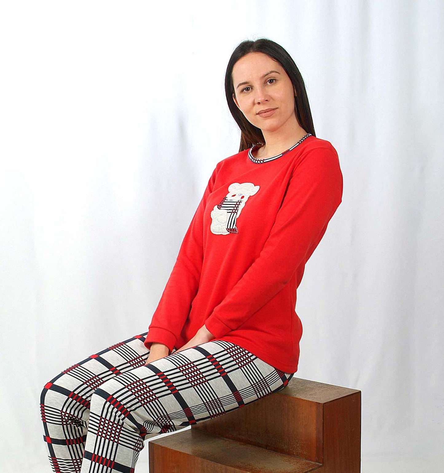 Desana Pijama Mulher Cardado de Manga Comprida Ursinho Vermelho