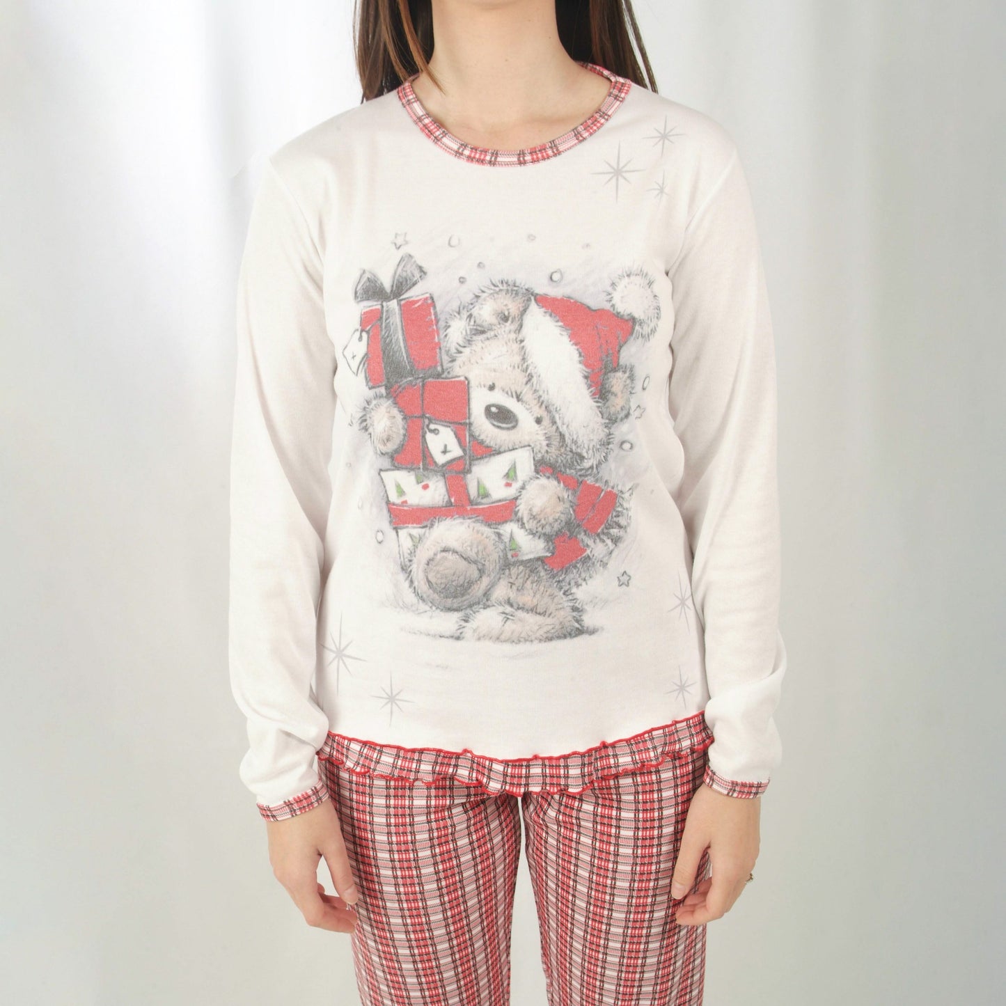 Loja Pijama Mulher Cardado de Manga Comprida Ursinho de Natal Branco