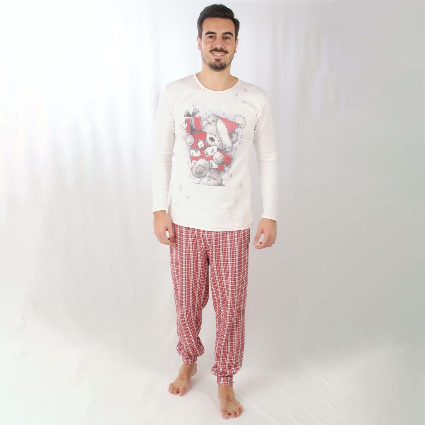 Loja Pijama Homem Cardado de Manga Comprida Ursinho de Natal Branco