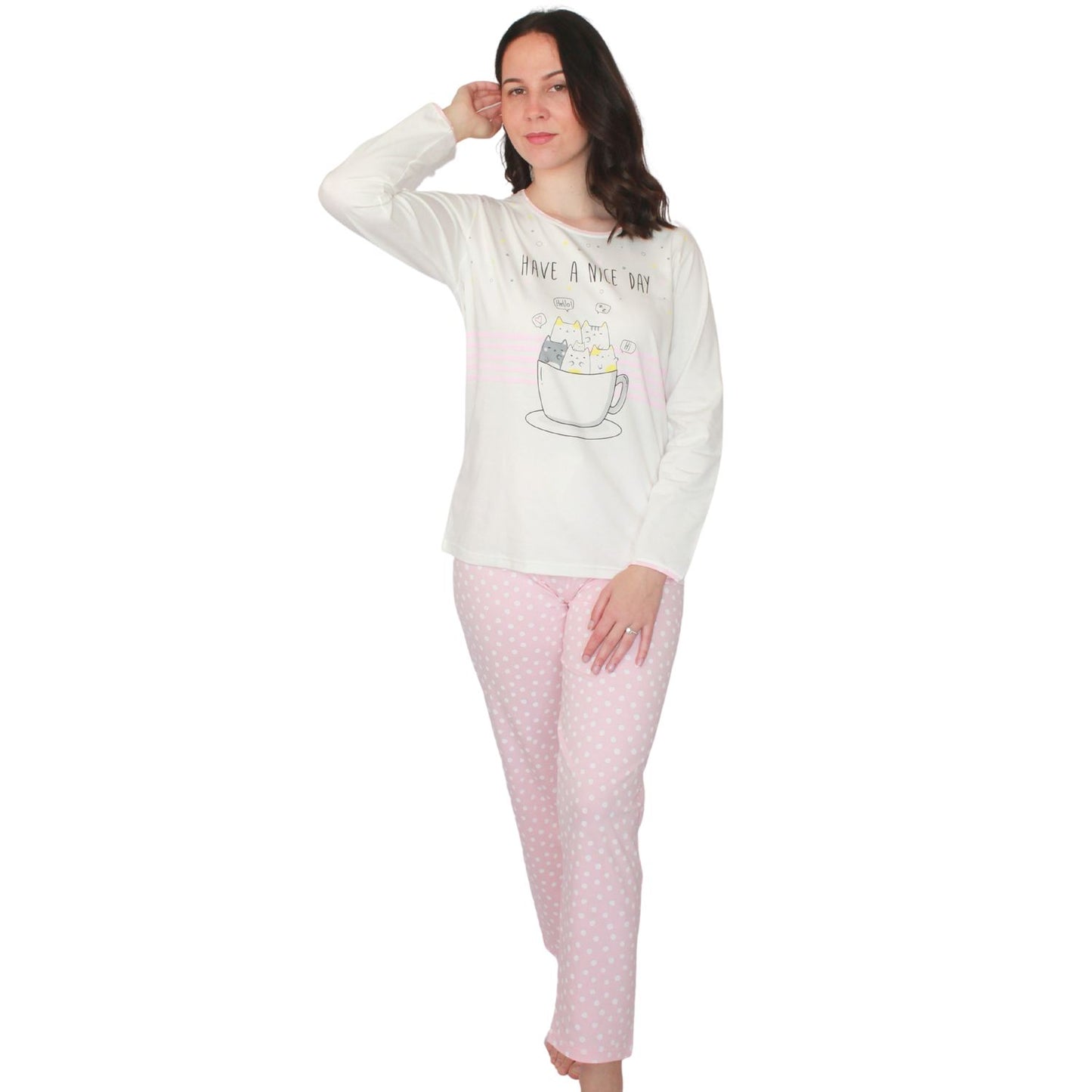 Sónia Pijama Mulher Manga Comprida Branco e Rosa